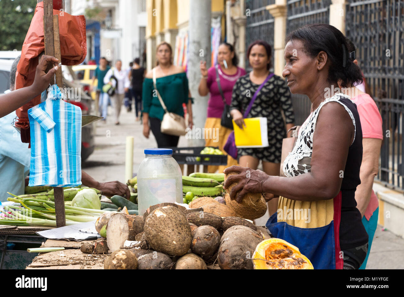 Cartagena, Colombia - Gennaio 24th, 2018: una donna locale street venditore a vendere le noci di cocco e banane (platano verde) al centro di Cartagena attraverso Foto Stock