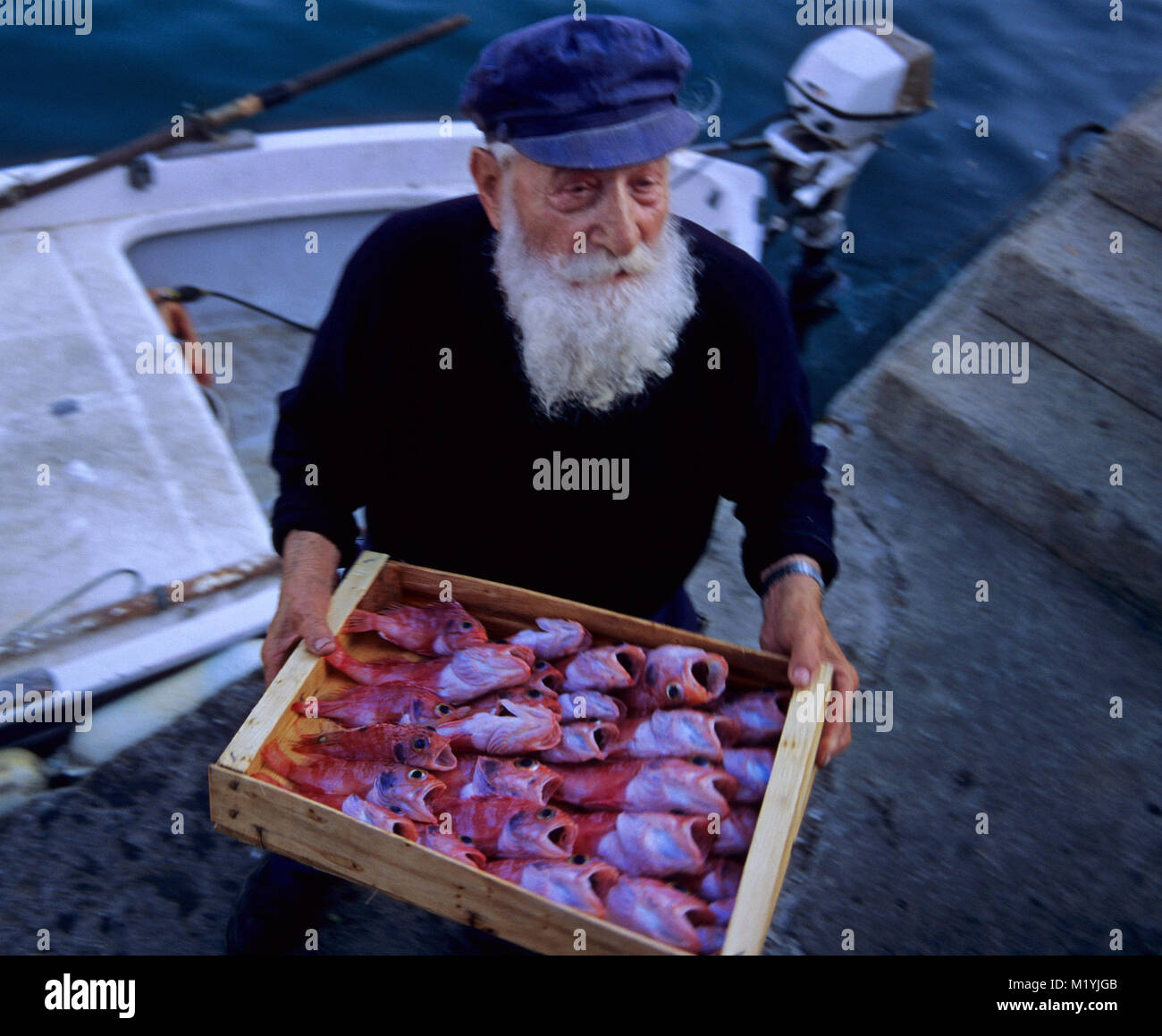 Vecchio Pescatore lo scarico il suo giorno di catture in Portofino Foto Stock