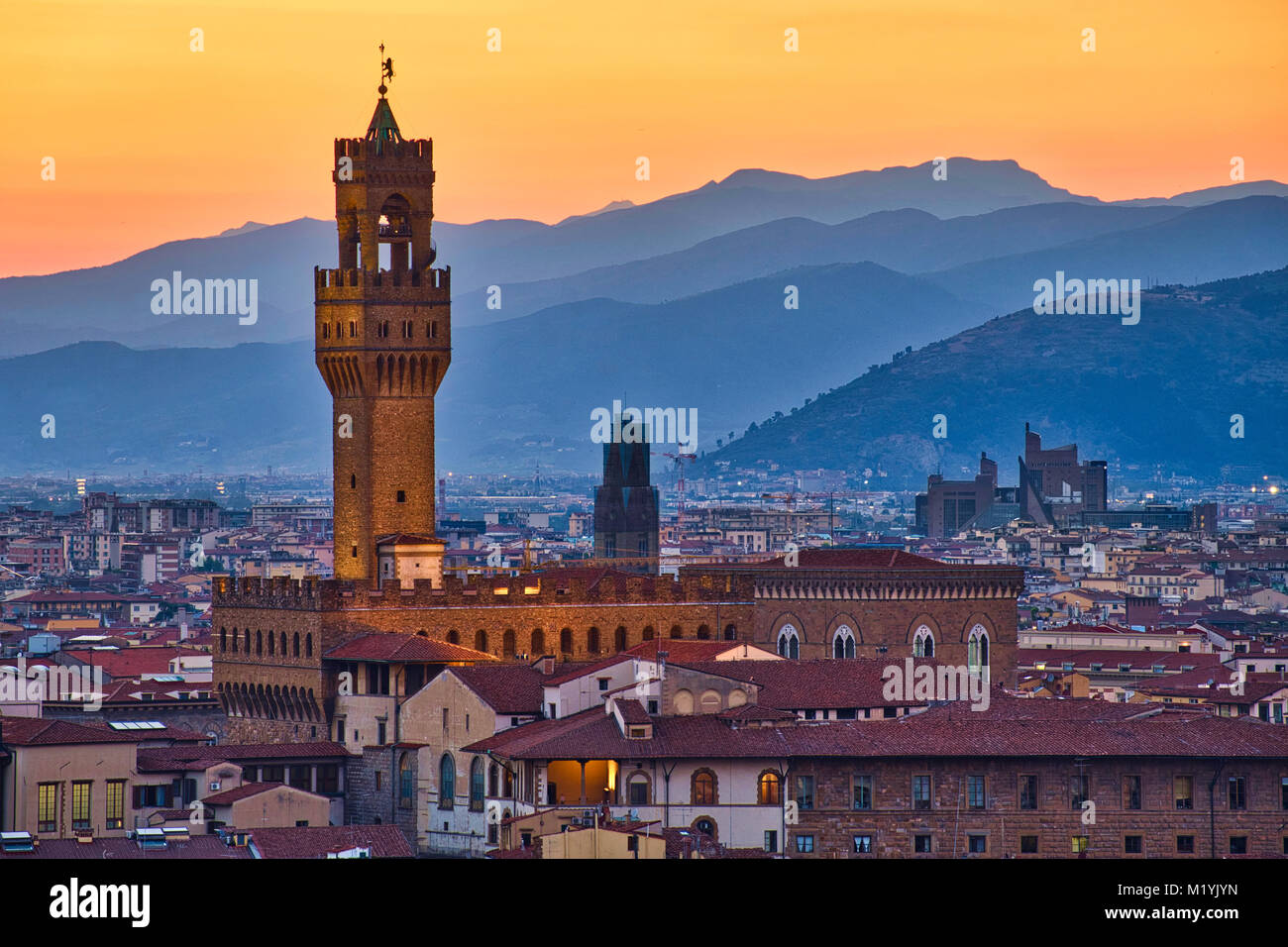 Foto del tramonto e il Palazzo Vecchio al tramonto Foto Stock