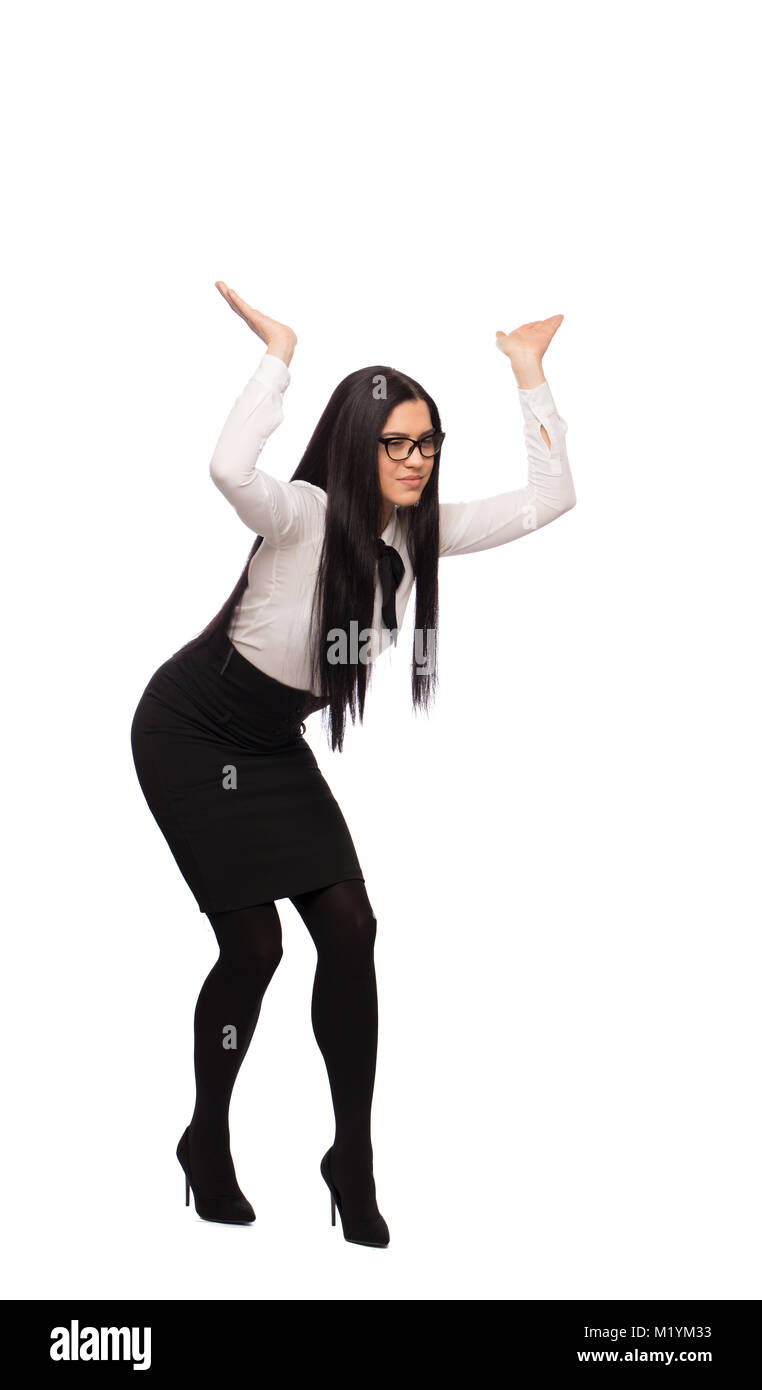 Giovane imprenditrice caucasici in abbigliamento formale pesante di contenimento dello spazio vuoto, isolato su bianco Foto Stock