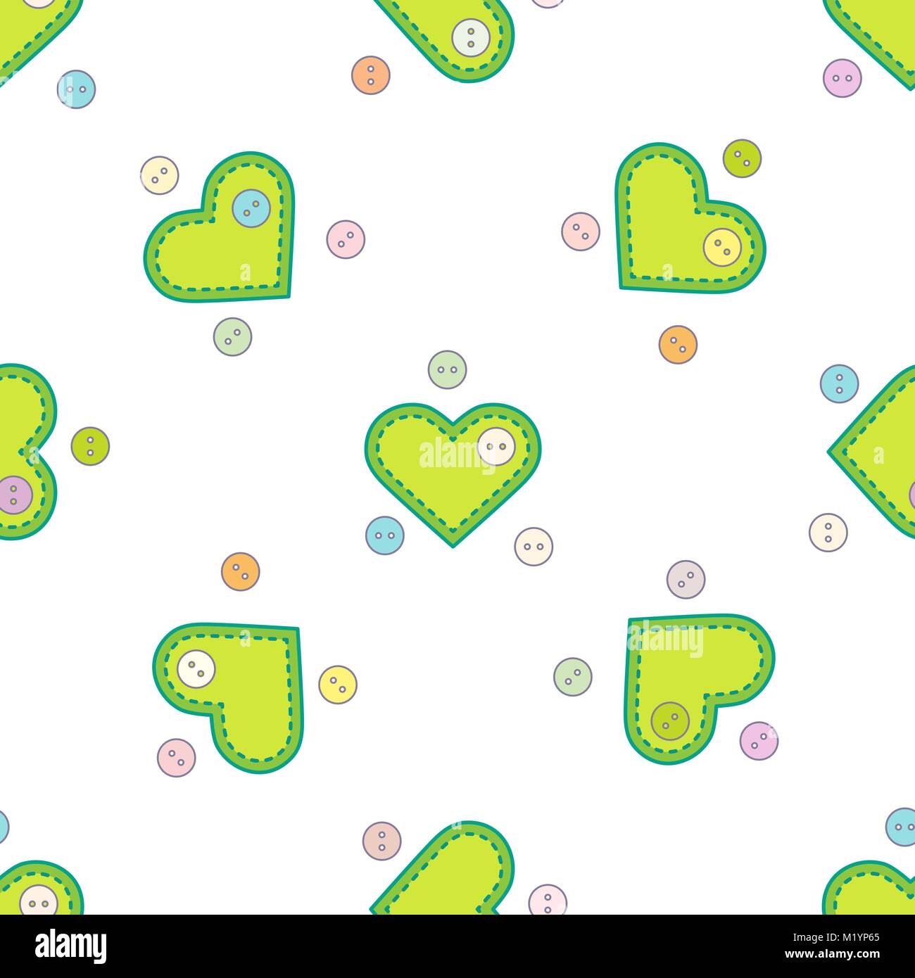 Carino seamless pattern con ago casi in forma di cuori e pulsanti.Modello per la progettazione, tessuto, stampa. Il giorno di San Valentino. Illustrazione Vettoriale