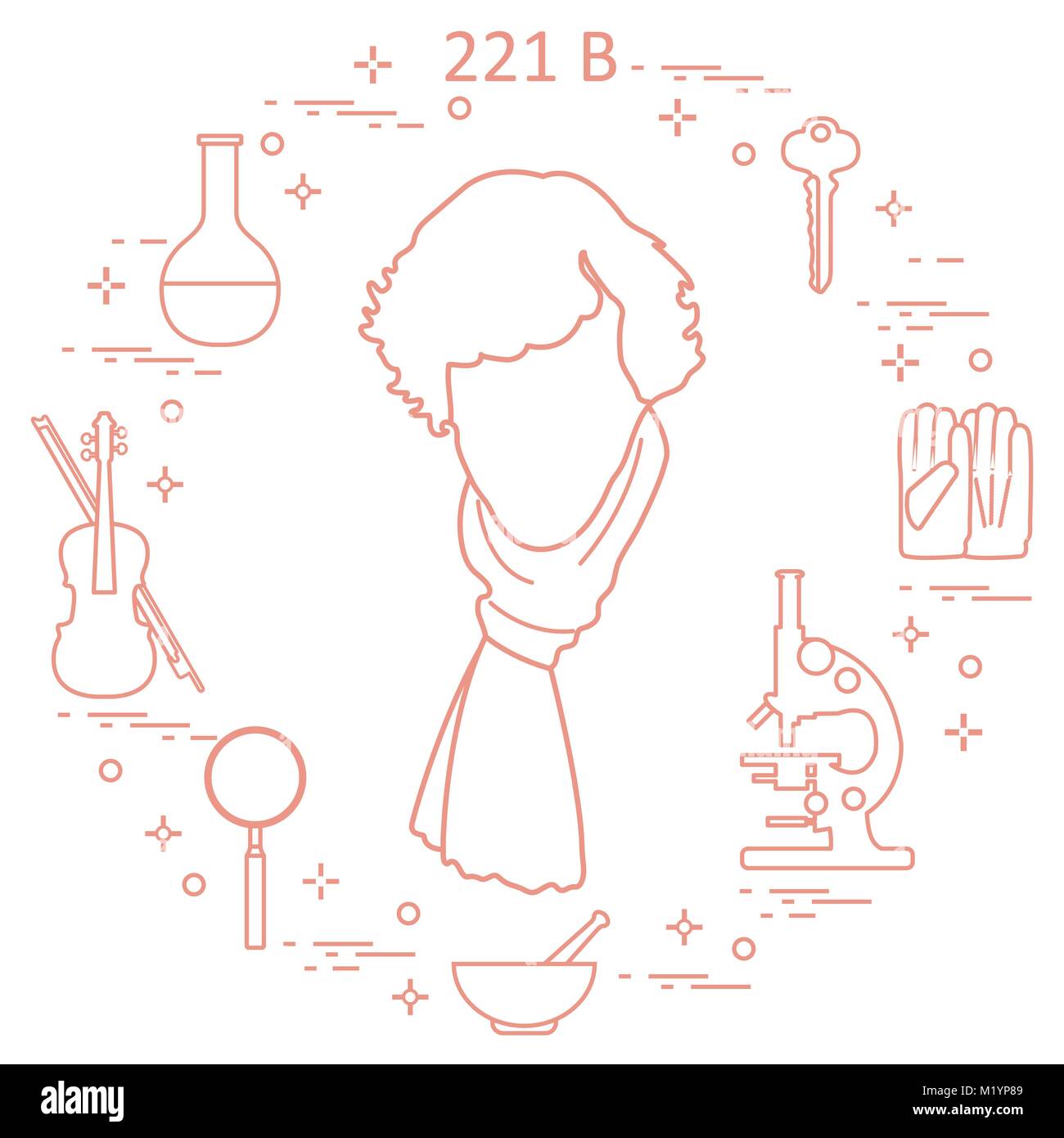 Detective privato Sherlock Holmes con una varietà di strumenti e apparecchiature. L'eroe della popolare serie TV. Design per un annuncio stampa. Illustrazione Vettoriale