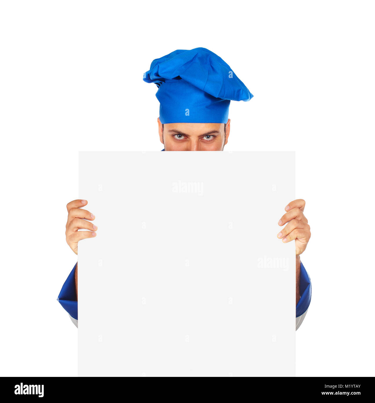 Chef con il cappello blu e bianco billboard isolati su sfondo bianco. Foto Stock