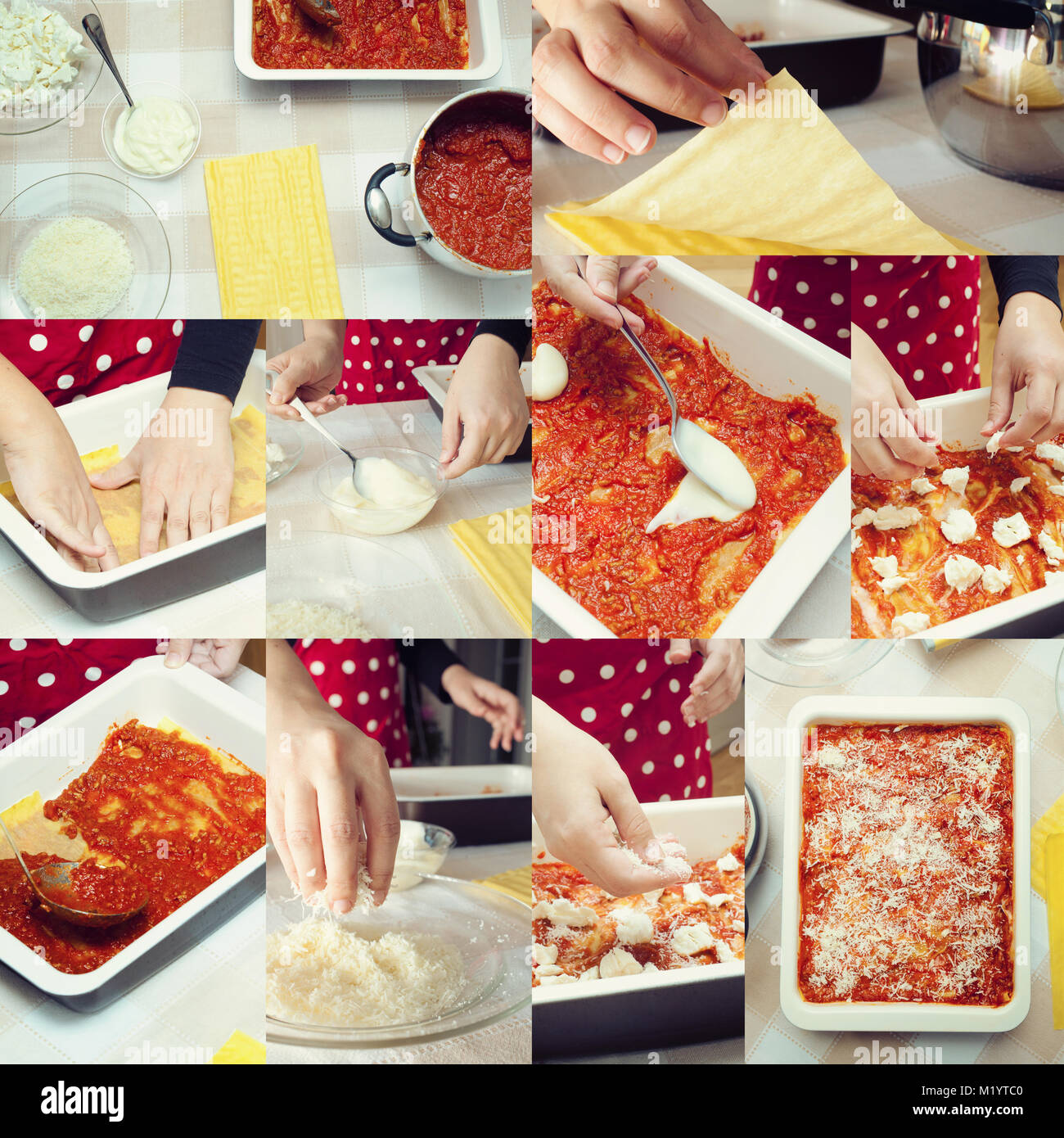 Collage di preparazione lasagne. La pasta italiana La ricetta con la salsa di pomodoro e carne macinata. Foto Stock