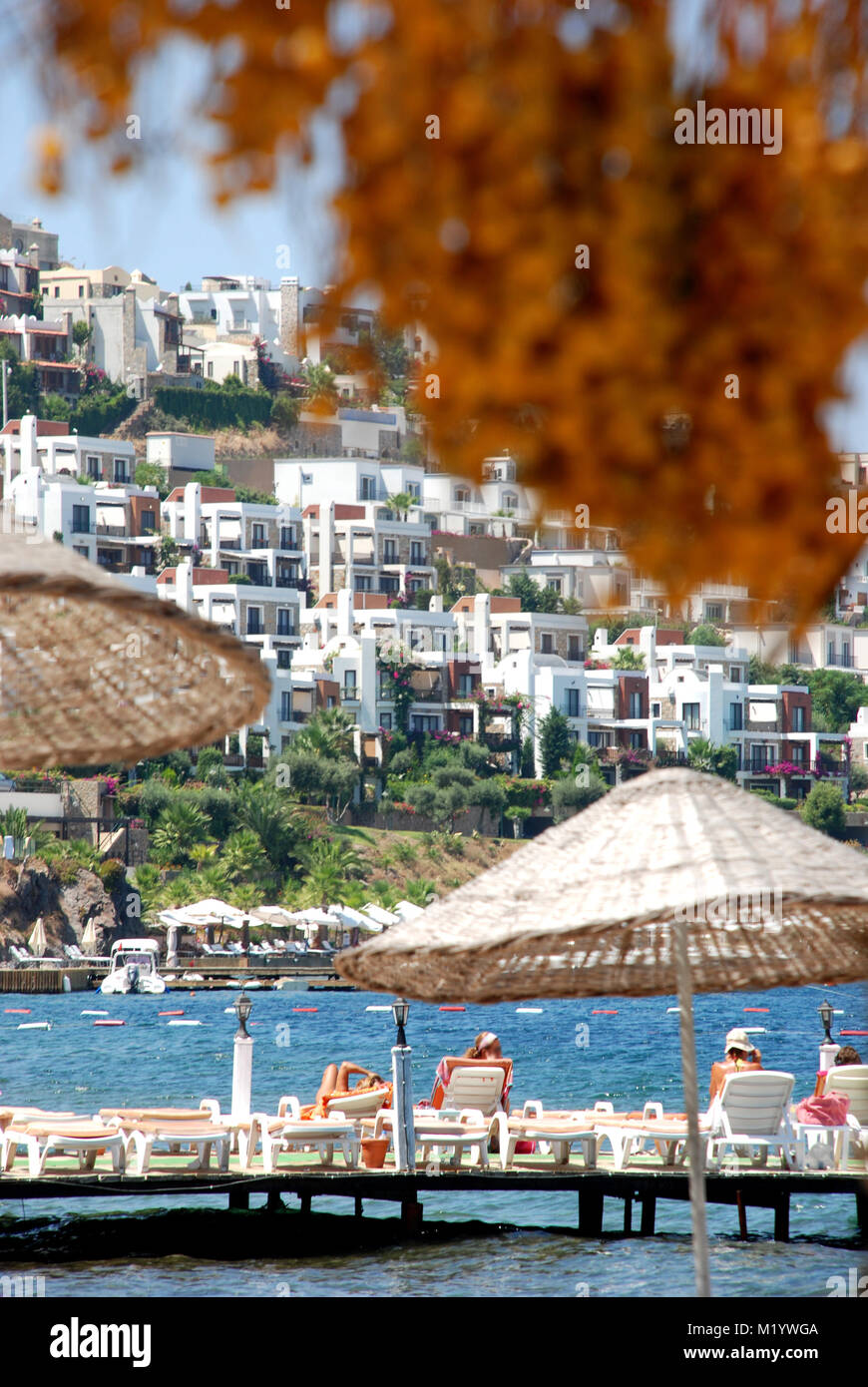 Vista da una località turistica della costa Egea, bodrum, Turchia Foto Stock