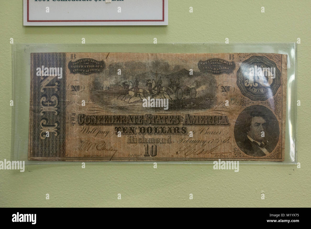 Un confederato 1864 $10 bill sul display all'interno del Centro Visitatori, Monocacy National Battlefield, Frederick, MD, Stati Uniti d'America. Foto Stock