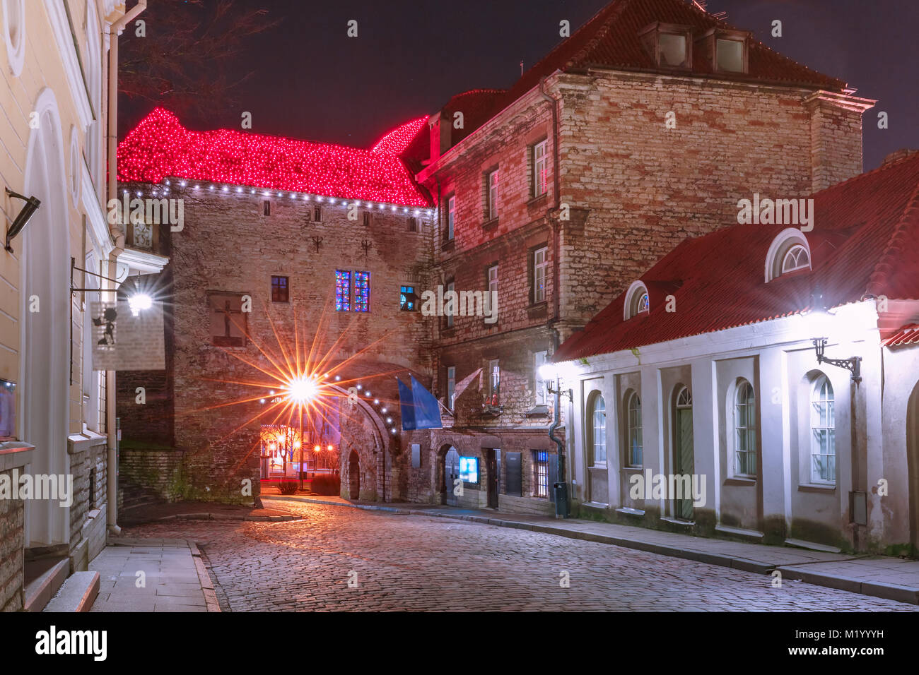 Notte street nella Città Vecchia di Tallinn, Estonia Foto Stock