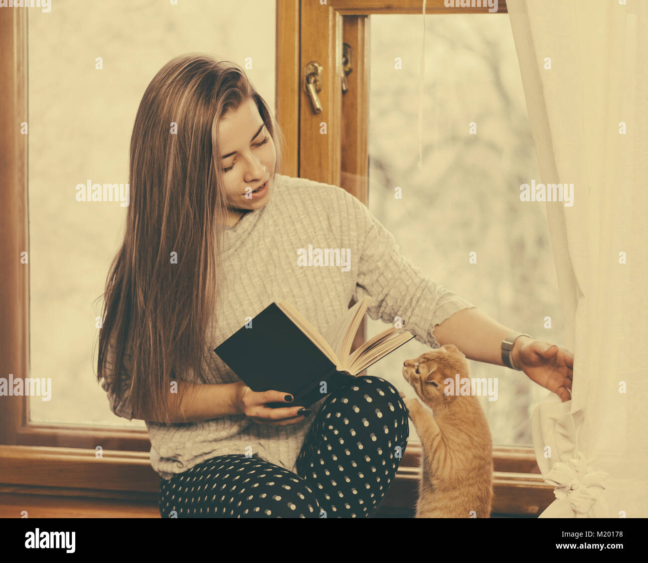 Ragazza dolce la lettura di un libro seduti sul davanzale. Gioca con una mano con un pet gattino. Foto Stock