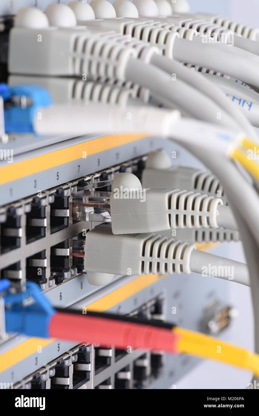 Fibra ottica e cavi di rete collegato al commutatore nel centro dati, Internet tecnologia di rete Foto Stock