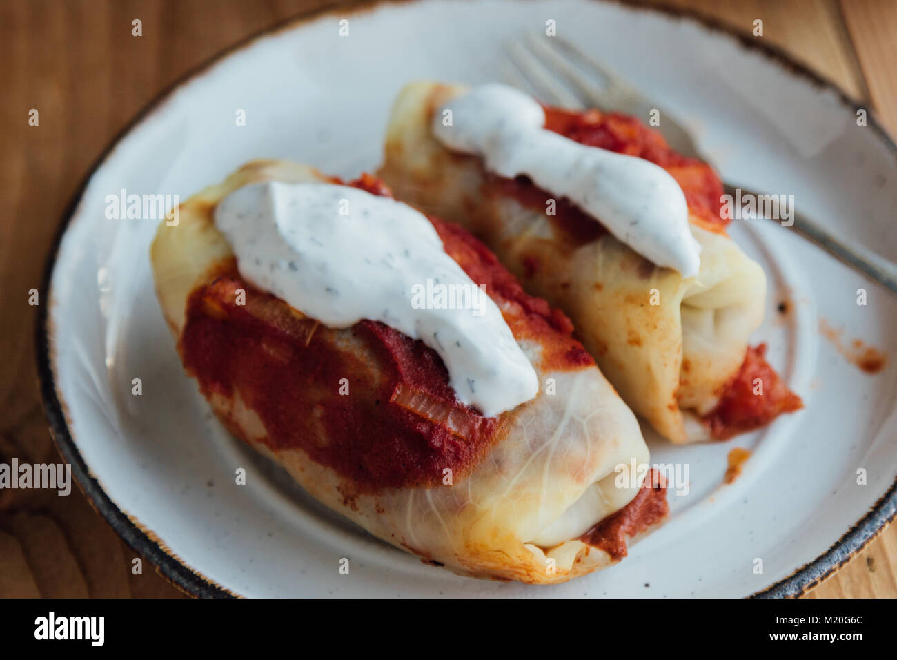 Farcite involtini di cavolo con carne e riso servito con salsa di pomodoro Foto Stock