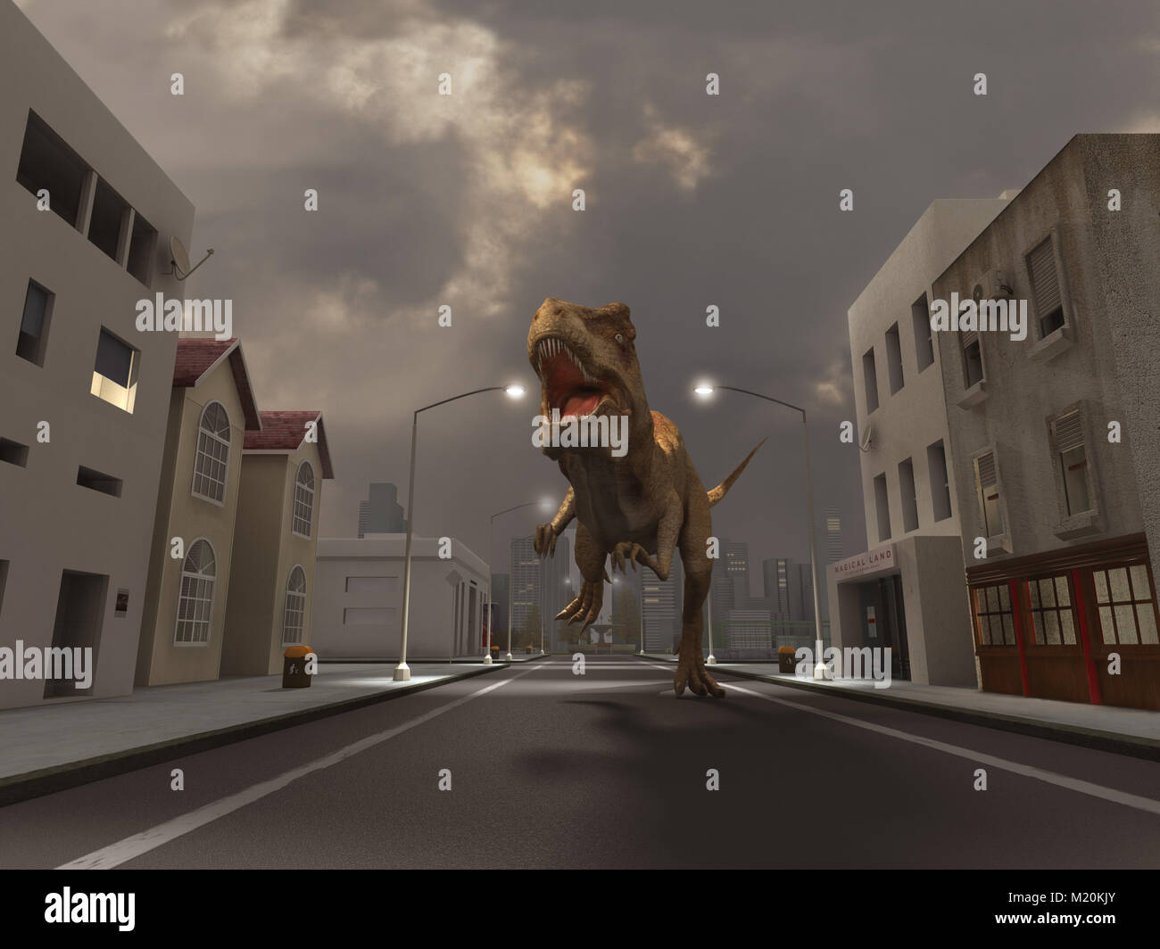 Tyrannosaurus Rex correndo giù per la strada Foto Stock