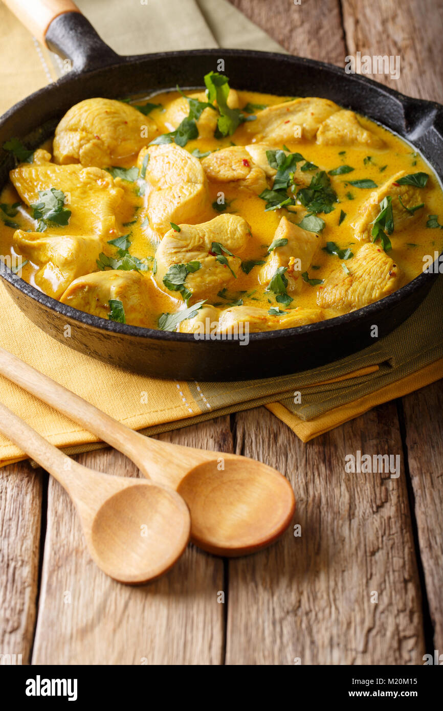 Speziata di pollo cocco in una crema delicata salsa vicino sul piano verticale. Foto Stock