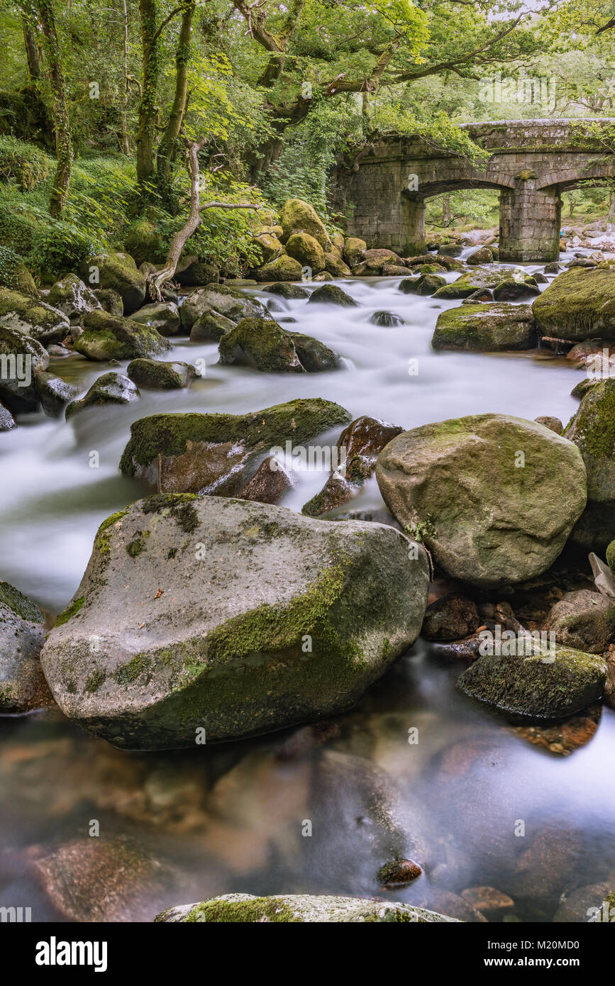 Una lunga esposizione di fiume nel cuore del Parco Nazionale di Dartmoor, Devon, Regno Unito. Foto Stock