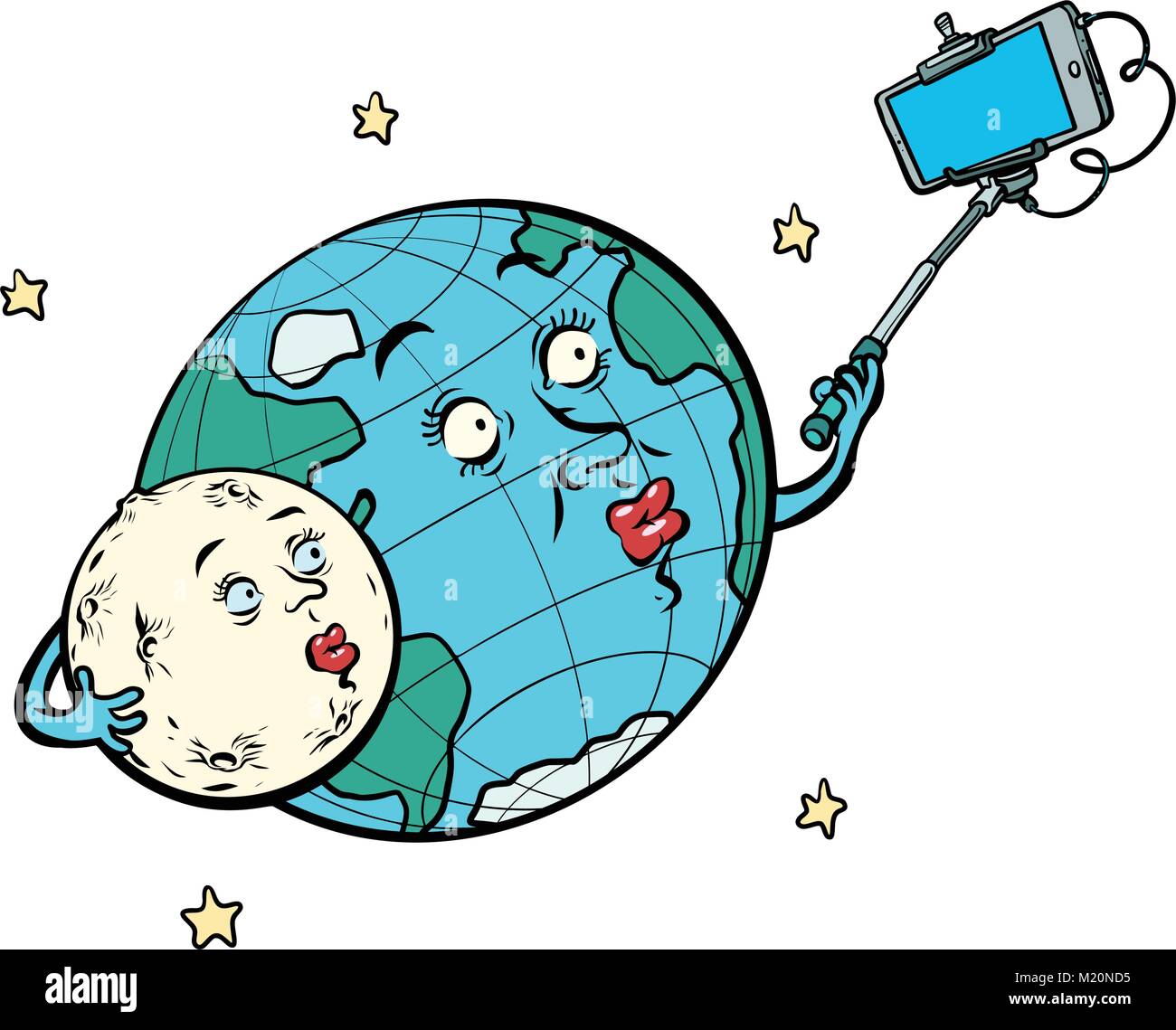 Il pianeta Terra e la luna giovane tenendo selfie. isolato su bianco ba Illustrazione Vettoriale