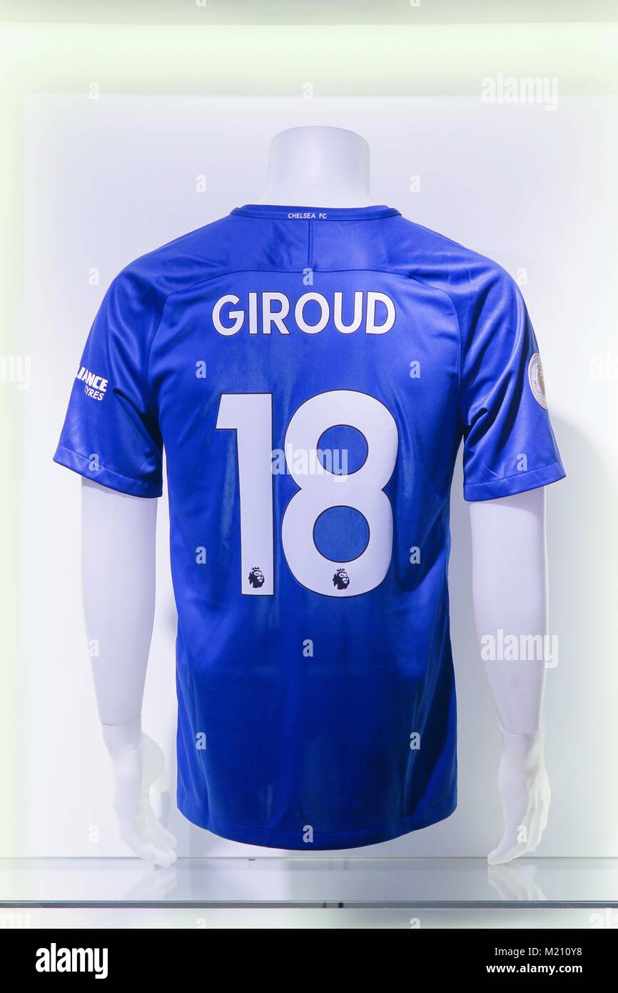 London, Regno Unito - 1 Febbraio 2018: Camicia di Olivier Giroud, nuova firma del Chelsea Football Club nel gennaio 2018 at Chelsea Stamford Bridge Foto Stock