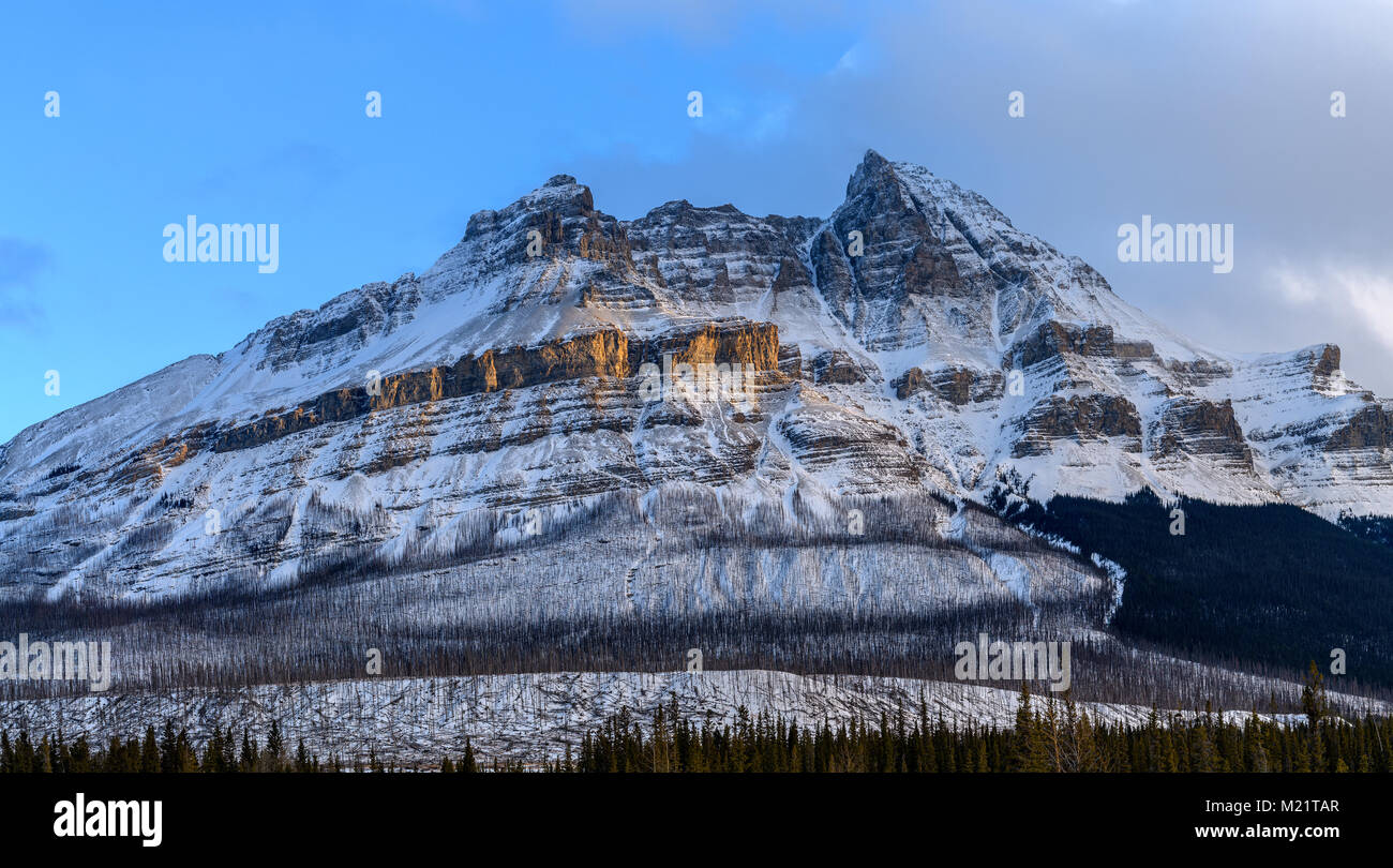 Montagne accanto al fiume Mistaya in Saskatchewan attraversamento fluviale lungo la Icefields Parkway, Alberta Foto Stock