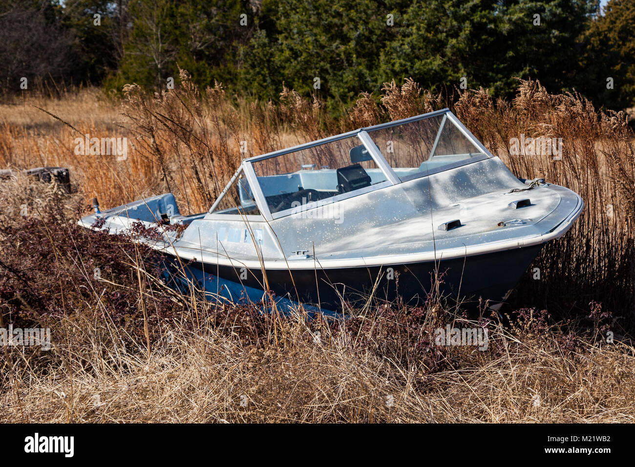 Abbandonata la pesca in barca in pascolo Foto Stock