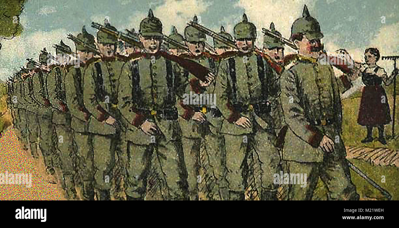 La prima guerra mondiale (1914-1918) aka la Grande Guerra o la prima guerra mondiale - una guerra di trincea - un disegno a colori di soldati tedeschi marciando nella prima guerra mondiale Foto Stock
