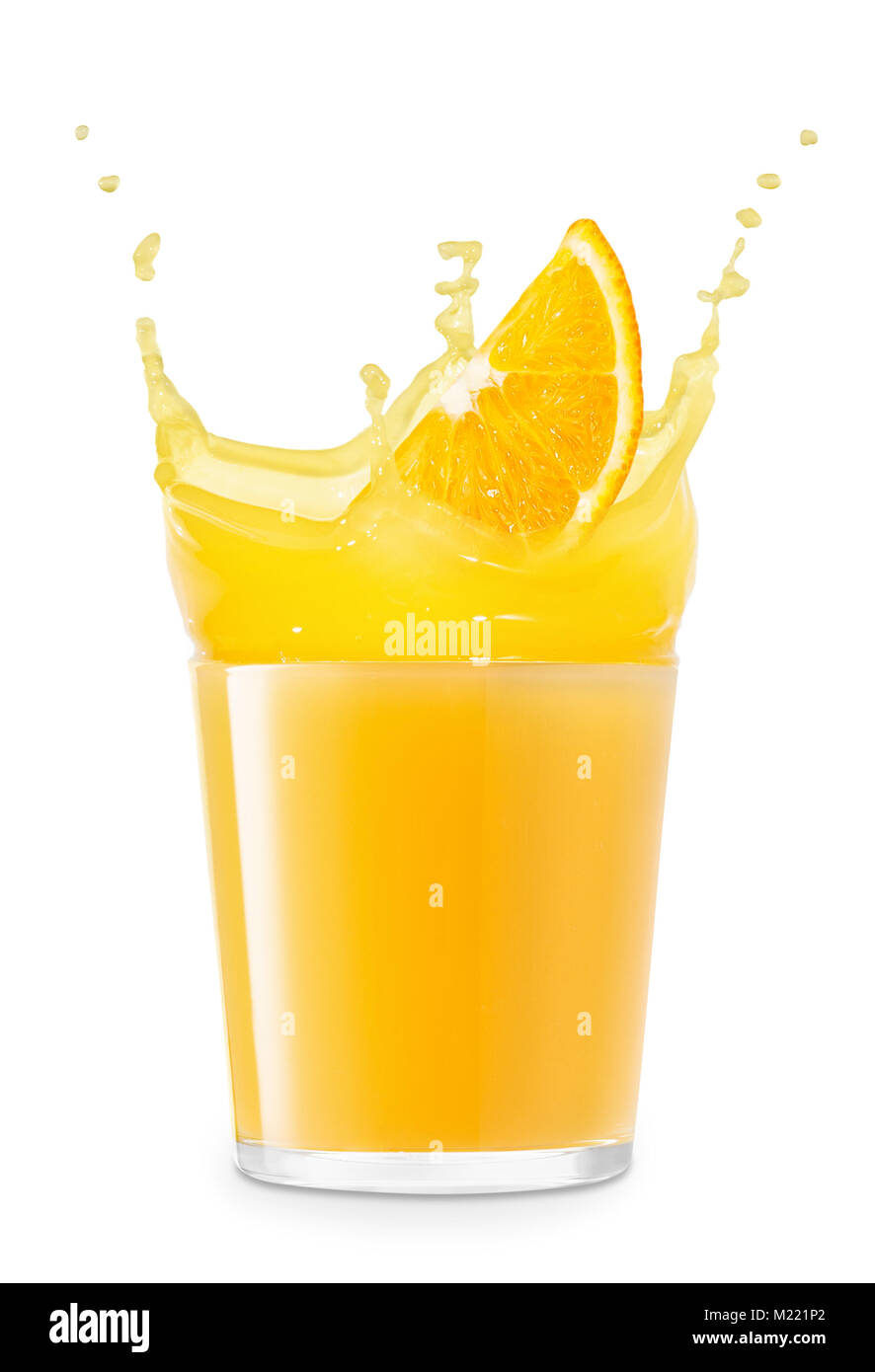 Bicchiere di spruzzi di succo d'arancia Foto Stock