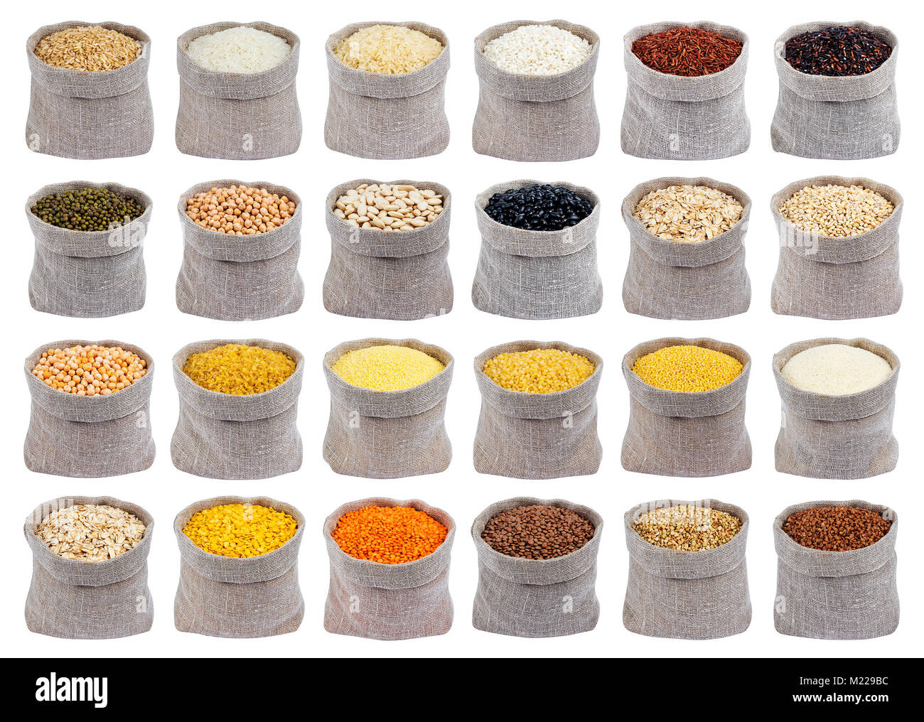 Raccolta di diversi tipi di cereali, di grani e scaglie in sacche isolate su sfondo bianco. Foto Stock