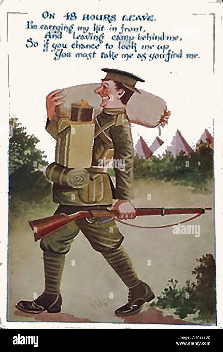 La prima guerra mondiale (1914-1918) aka la Grande Guerra o la prima guerra mondiale - una guerra di trincea - la prima guerra mondiale - ironico Prima Guerra Mondiale cartolina di un soldato britannico che va in congedo Foto Stock