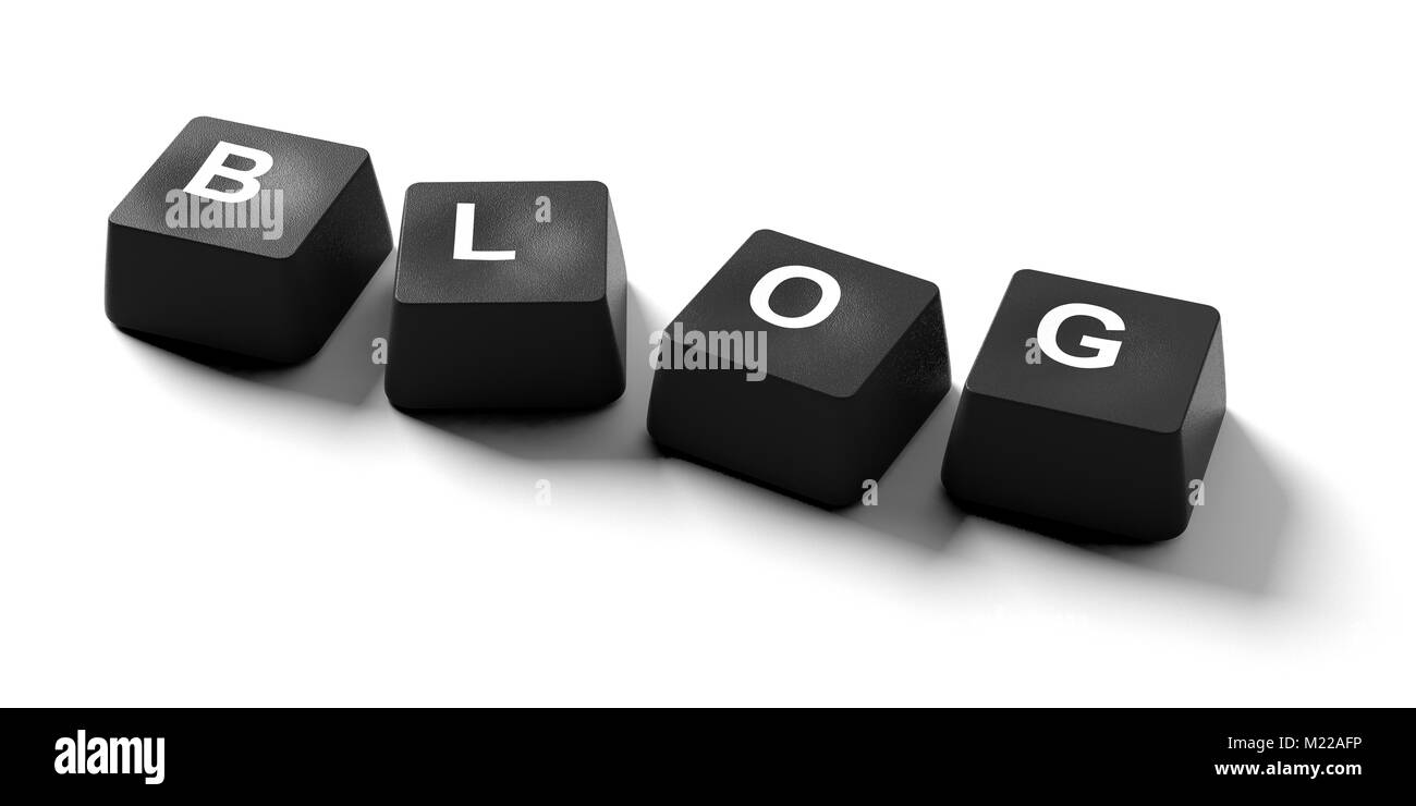 Blog scritto su nero i tasti della tastiera su sfondo bianco, banner, vista dall'alto. 3d illustrazione Foto Stock