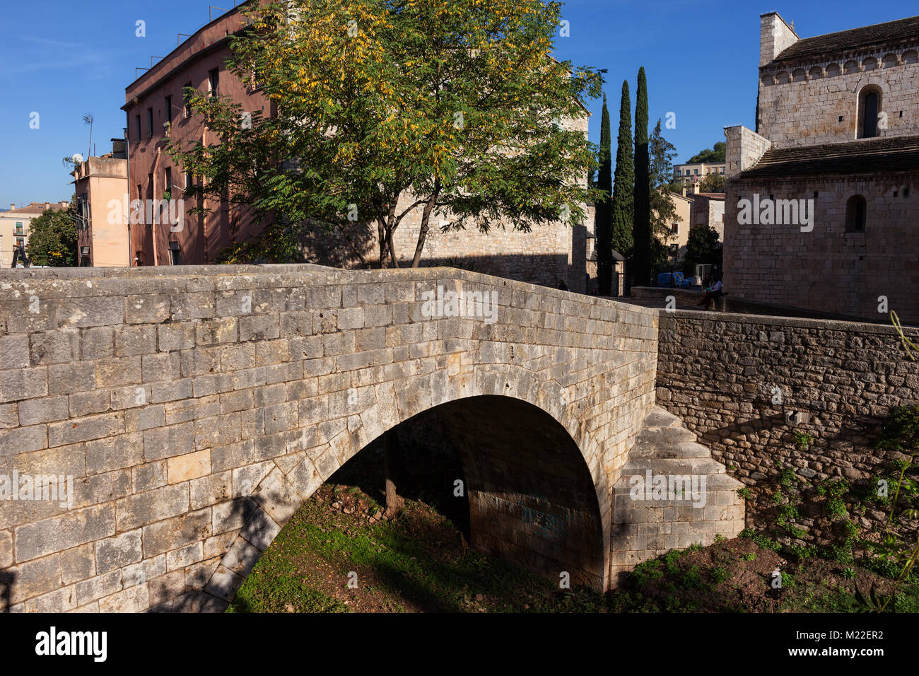 Arco antico ponte di pietra sul Rio Galligants nella città di Girona Città Vecchia, la Catalogna, Spagna, Europa, gioco di troni location del film. Foto Stock