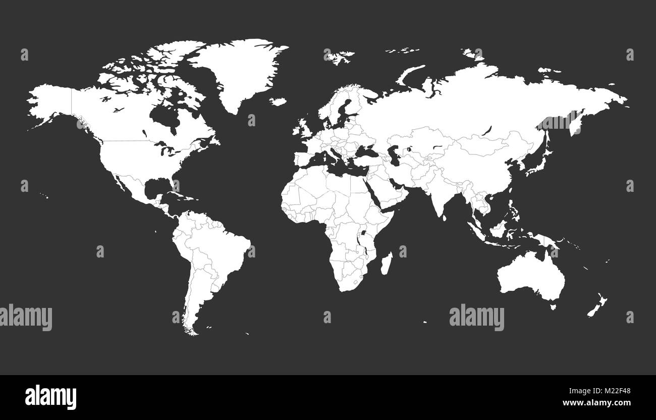 Bianco vuoto politico del mondo mappa isolati su sfondo nero. Worldmap template vettoriale per il sito web, infographics, design. Piano terra mappa Mondo illustr Illustrazione Vettoriale