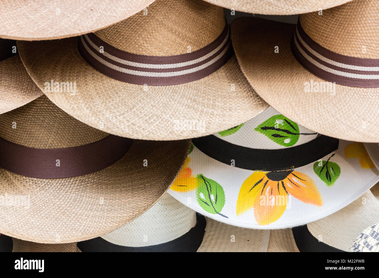 Chiudere il gruppo di marrone cappelli colombiano, uno di loro, bianco con fiori. Foto Stock