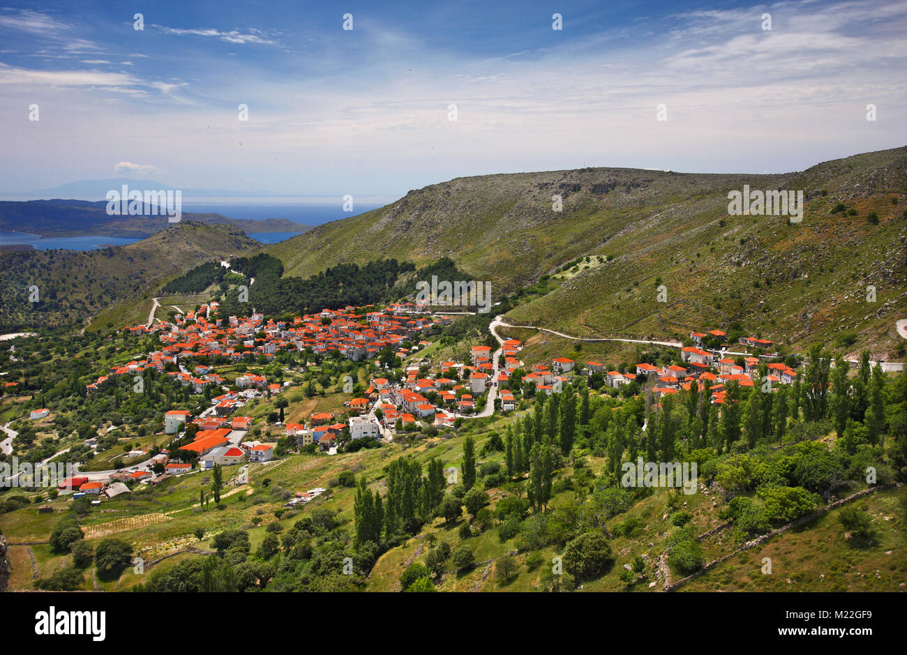 Vista panoramica di Agra, un tradizionale villaggio nella zona occidentale di Lesbo Island, Grecia. Foto Stock