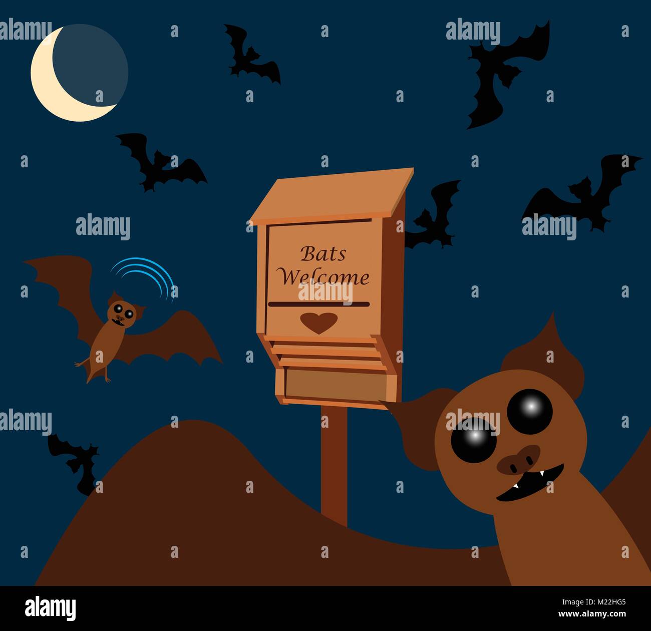 I pipistrelli volare nel cielo notturno intorno a un bat house, con la luna in background Illustrazione Vettoriale