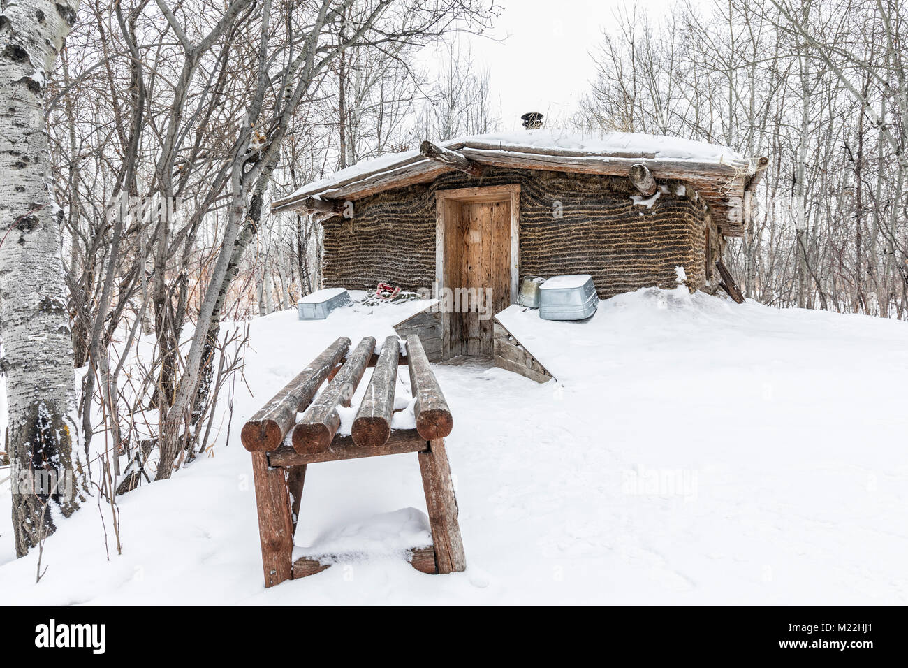 Casa Sod in inverno, Manitoba, Canada. Foto Stock