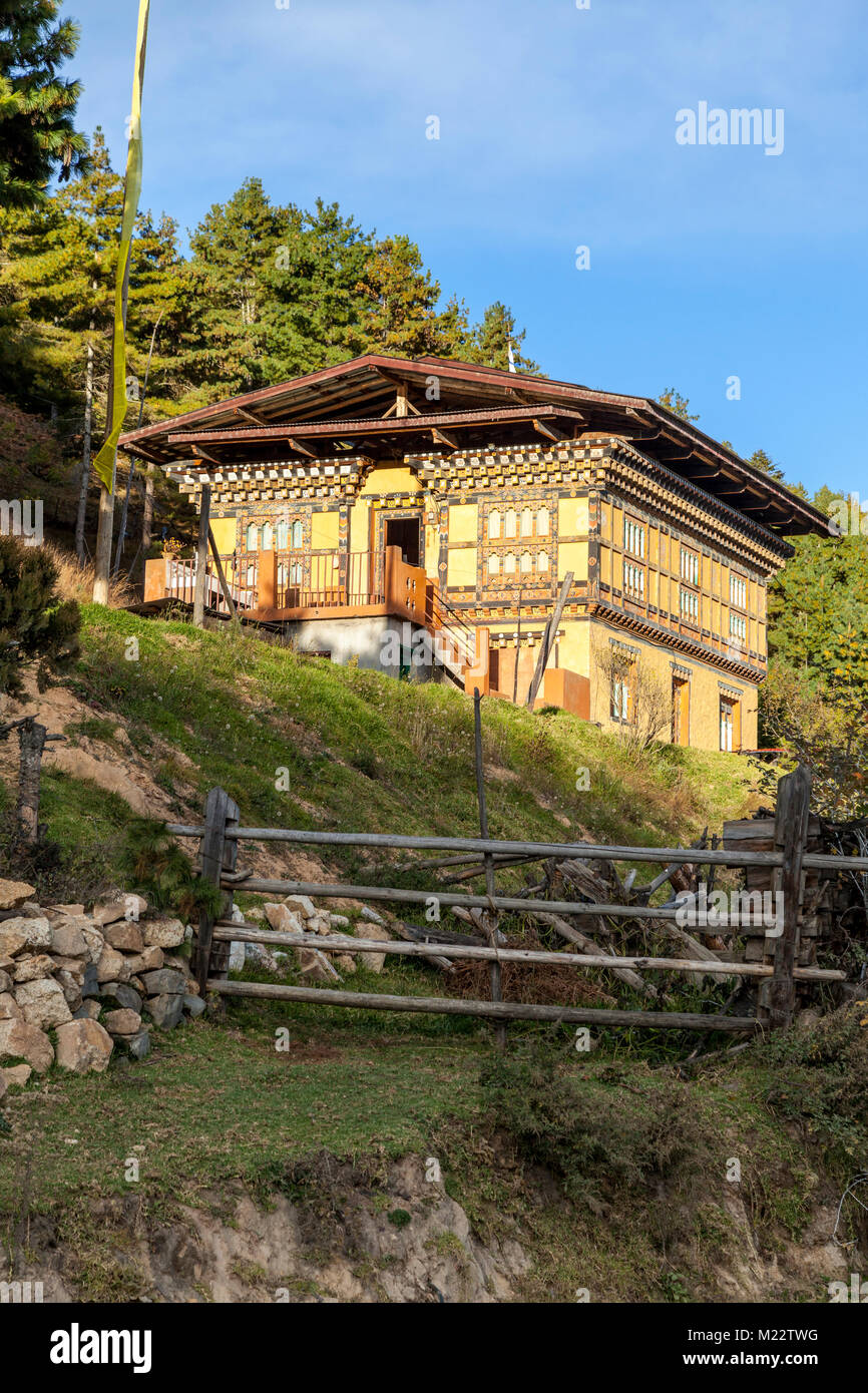 Chumey Valley, vicino Prakhar, Lhakhang, Bumthang, Bhutan. Foto Stock