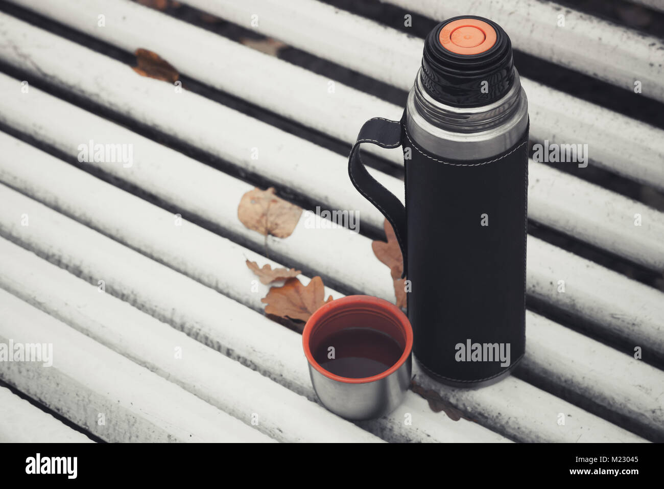 Thermos con tazza di tè sorge sul banco di bianco in autunno park, tonica foto Foto Stock