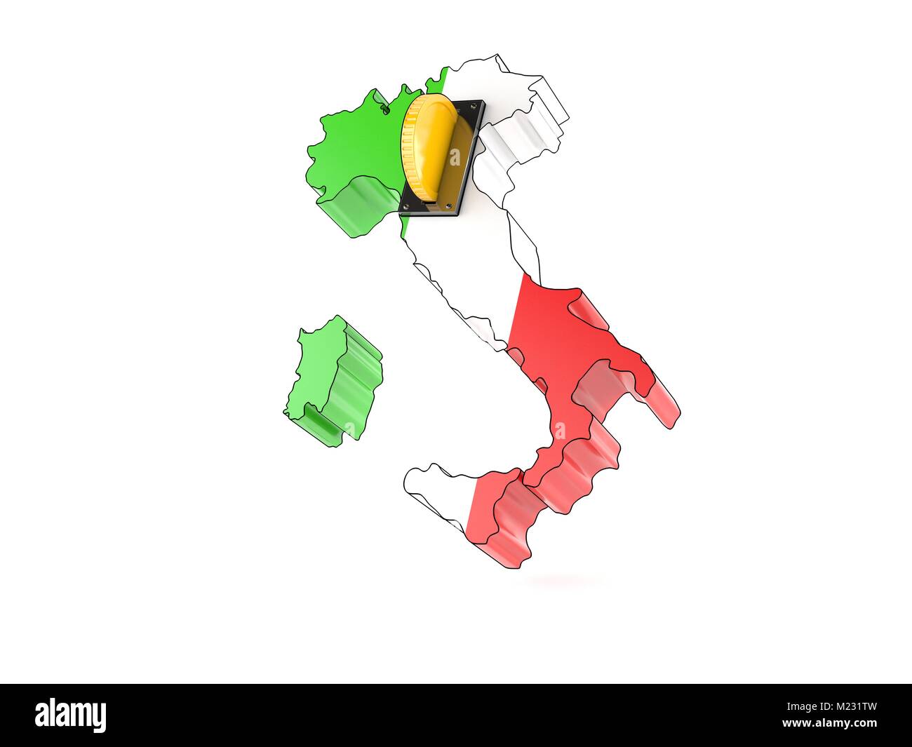 Italia paese con moneta isolato su sfondo bianco mappa origine: http://www.lib.utexas.edu/maps/europe/italy.jpg strati di dati utilizzati: delinea Foto Stock