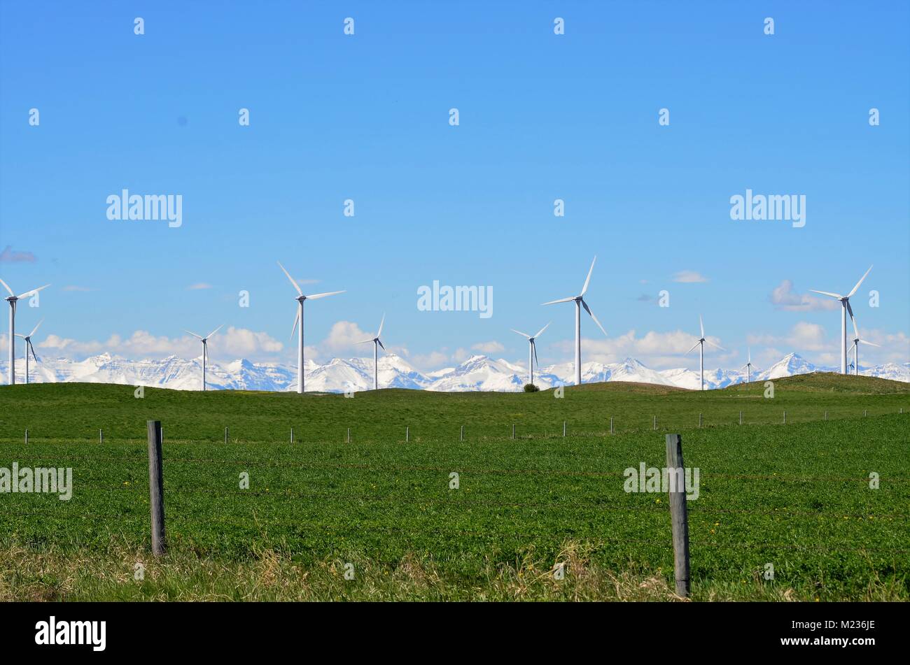 Una fattoria di turbine eoliche a sedersi in un campo di erba verde con una vista incredibile della coperta di neve montagne rocciose della distanza Foto Stock Una fattoria di turbine eoliche a sedersi in un campo di erba verde con una vista incredibile della coperta di neve montagne rocciose della distanza Foto Stock