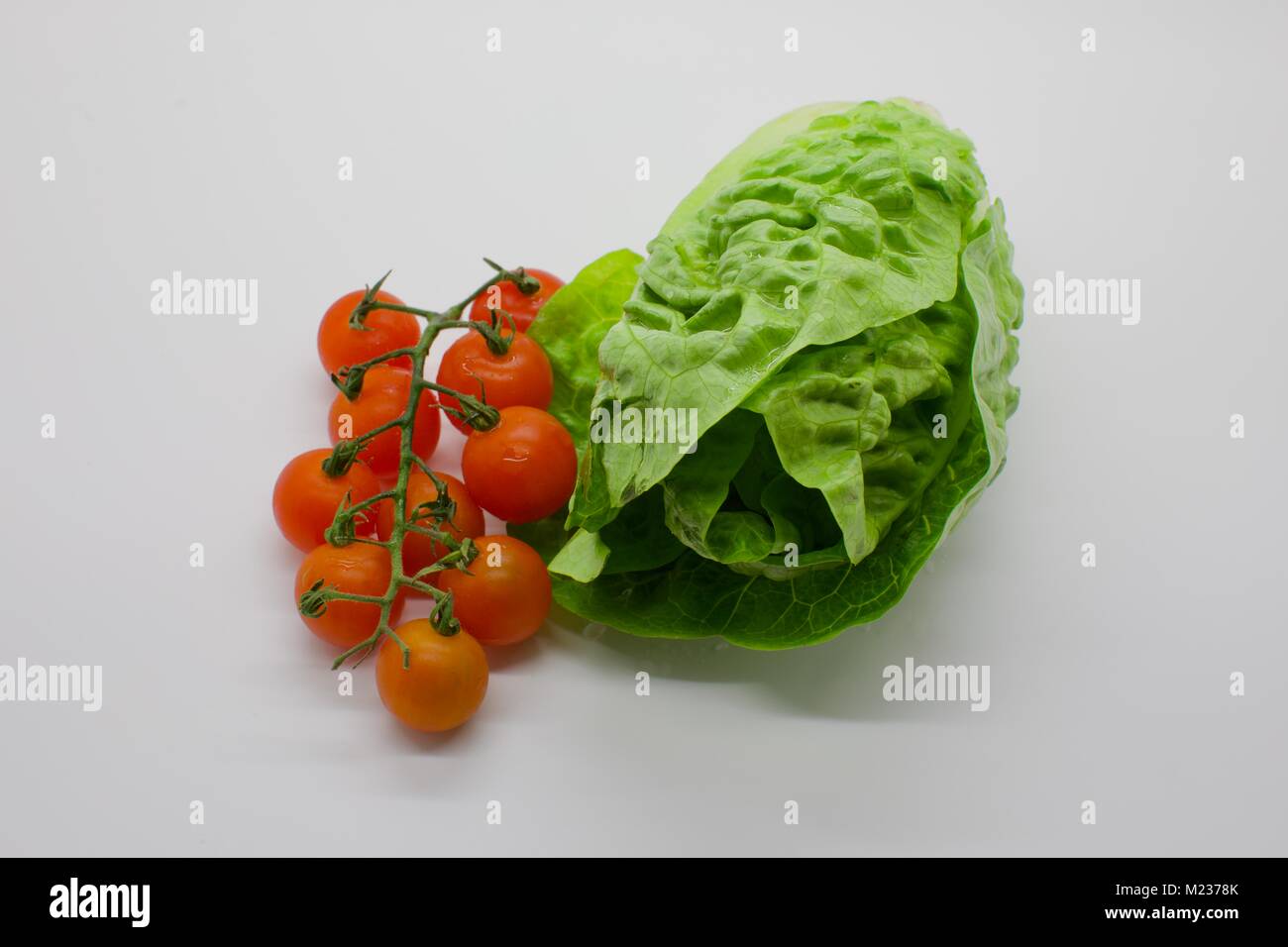 Pomodori ciliegia (Solanum Lycopersicum) accanto a un piccolo gioiello Lattughe (Lactuca sativa) su uno sfondo bianco Foto Stock
