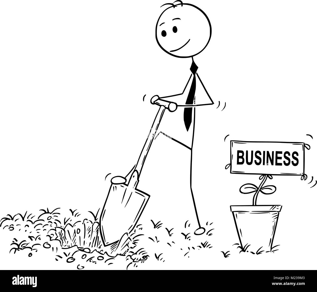 Cartoon di imprenditore di scavare un buco per impianto con segno aziendale Illustrazione Vettoriale
