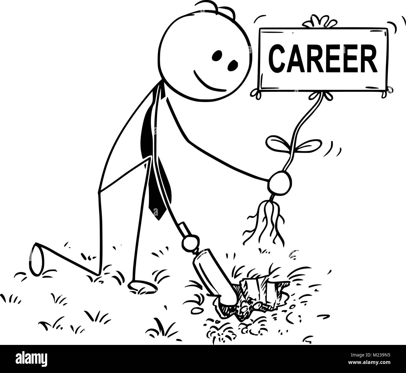 Cartoon di imprenditore di scavare un buco per impianto con segno di carriera Illustrazione Vettoriale