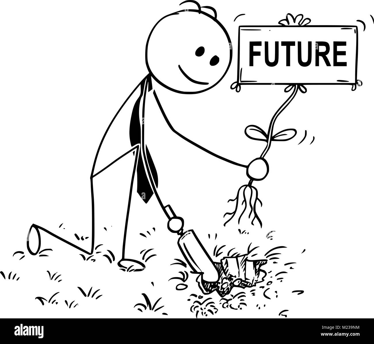 Cartoon di imprenditore di scavare un buco per impianto con segno futuro Illustrazione Vettoriale