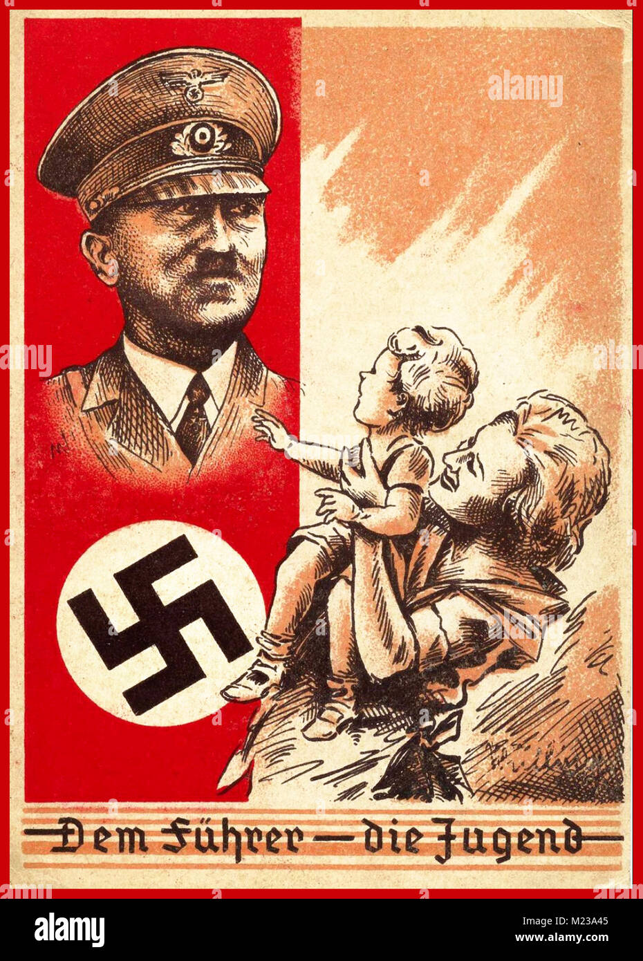 La Germania nazista degli anni '30 la cartolina del Poster di Propaganda 'DEM Führer - die Jugend' 'il capo- la gioventù' Adolf Hitler e swastika hanno caratterizzato con una madre e un bambino tipicamente tedesco di Aryan che lo guardano in ammirazione il loro eroe e salvatore della Germania nazista. Foto Stock
