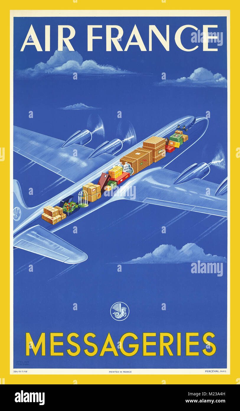 1940's Vintage Poster della compagnia aerea Air France 'Messageries'  (distribuzione o parcellizzazione service) pubblicità carichi postali delle  varietà di bagaglio in stiva di 4 motore prop aeromobile Foto stock - Alamy