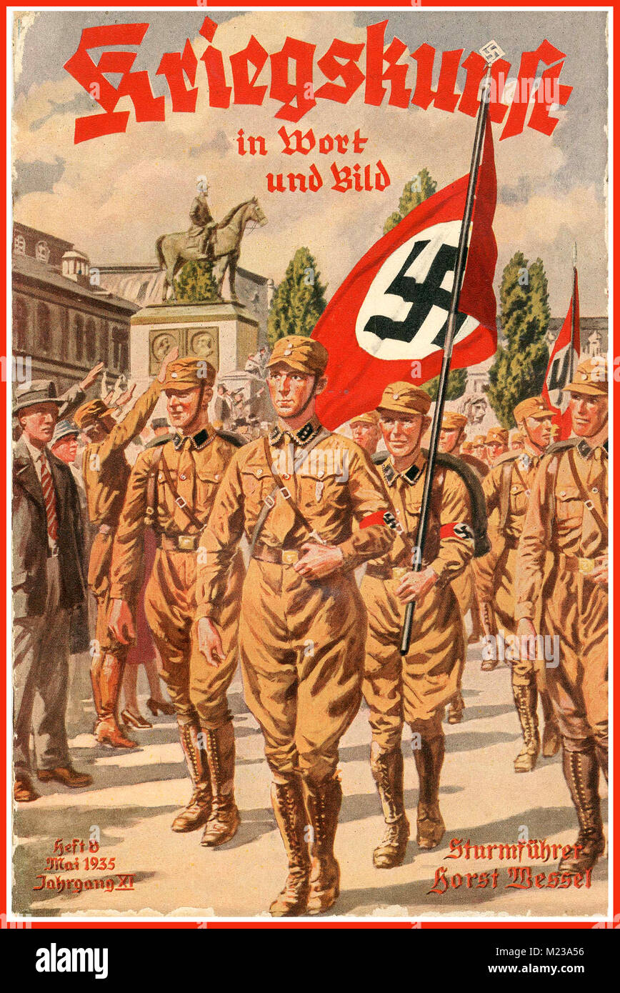 1935 Propaganda nazista Poster con NSDAP uniformata i membri del partito che dichiara la guerra in atto di parola e immagine Foto Stock