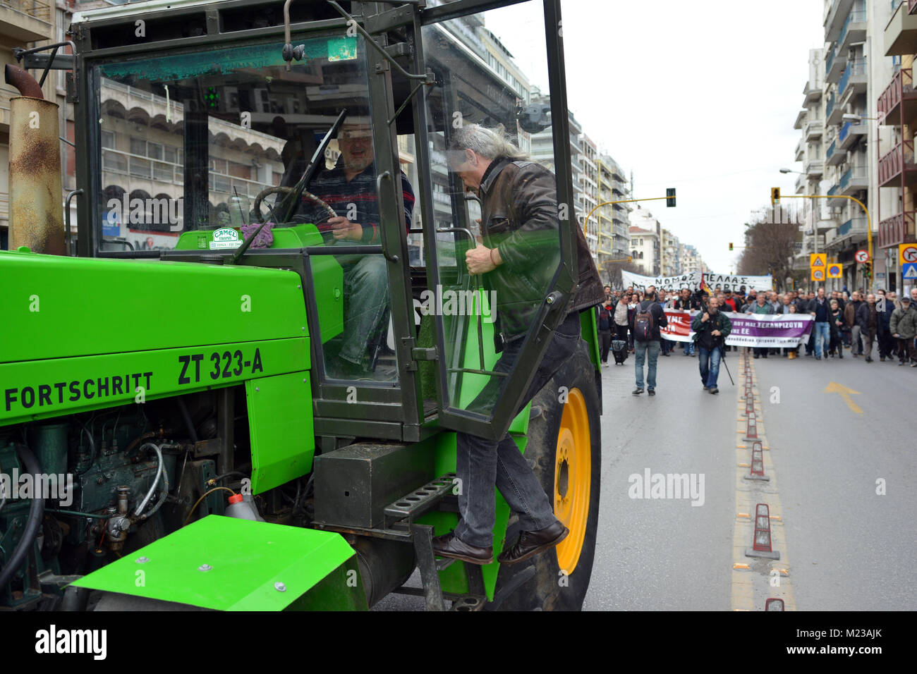 Salonicco, Grecia. 03Feb, 2018. La protesta degli agricoltori rally del Comitato panellenica dei blocchi durante il 'Agrotica' Agricoltura internazionale equo. Credito: Achilleas Pagourtzis/Pacific Press/Alamy Live News Foto Stock