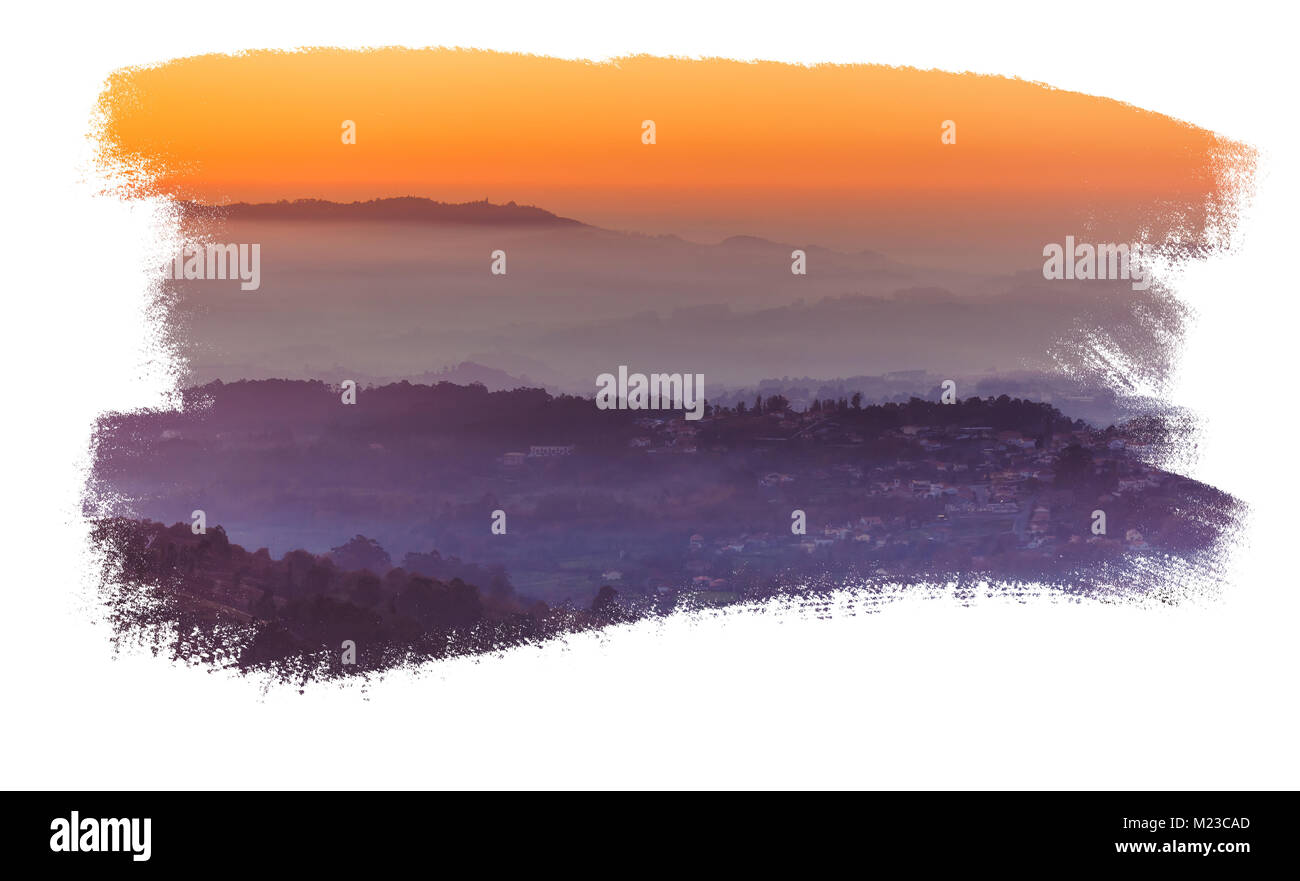 Paesaggio con il Cielo di tramonto isolato su bianco Foto Stock