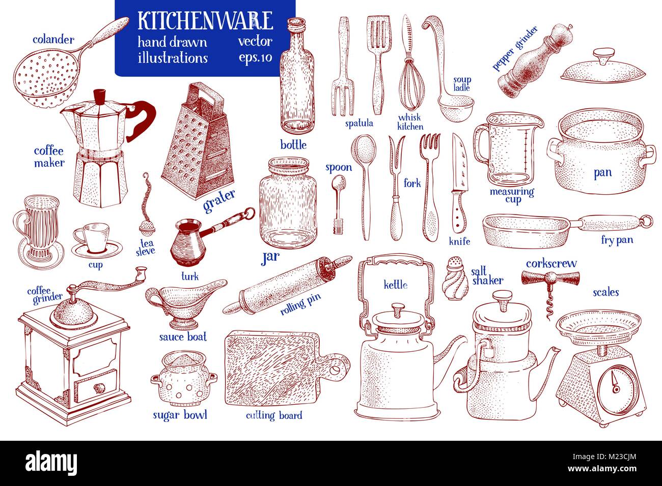 Set di utensili da cucina. Disegnata a mano vector stoviglie e