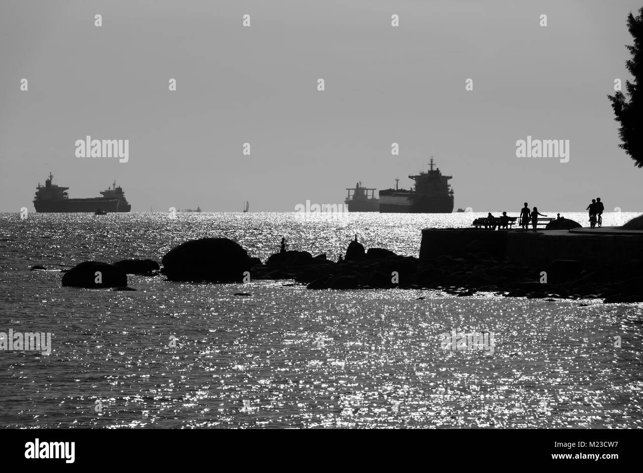 Vancouver, British Columbia, Canada. Guardando ad ovest di English Bay da Stanley Park in una serata estiva in monocromatico. Foto Stock