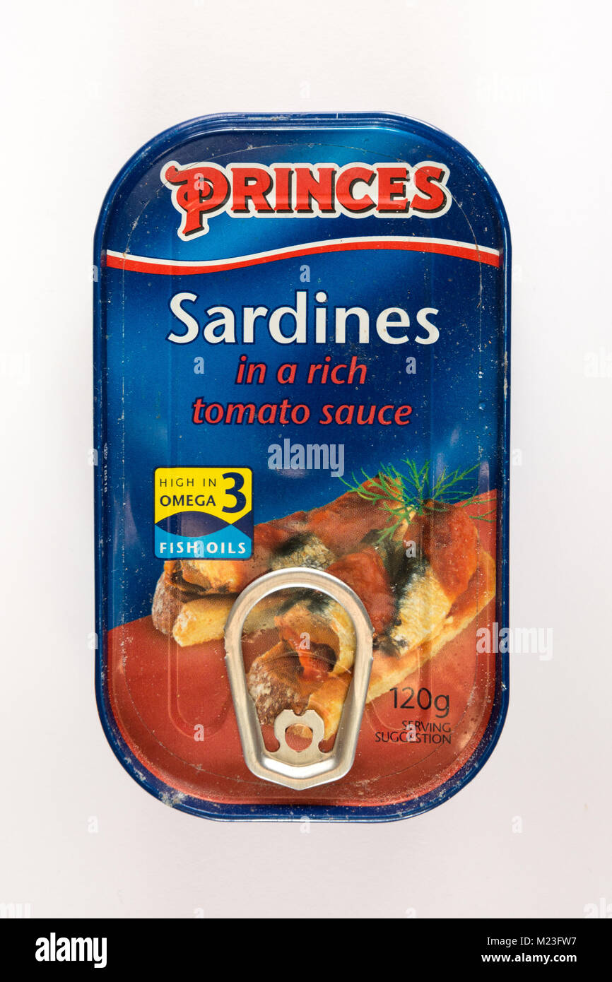 Lo stagno di Princes sardine in una ricca salsa di pomodoro su sfondo bianco Foto Stock