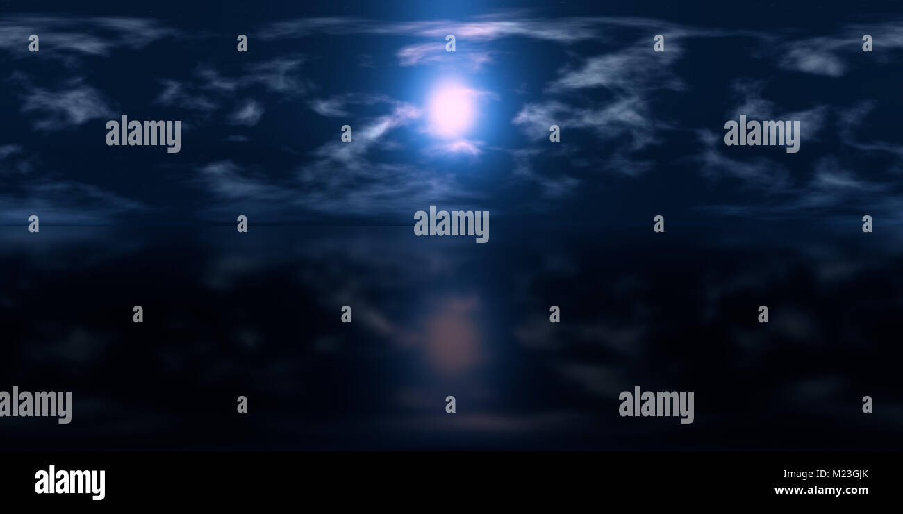 Alta risoluzione HDRI mappa: mappa di ambiente per proiezione equirettangolare, sferica panorama, 3d lo sfondo dell'illustrazione (blu cielo notturno con un luminoso m Foto Stock