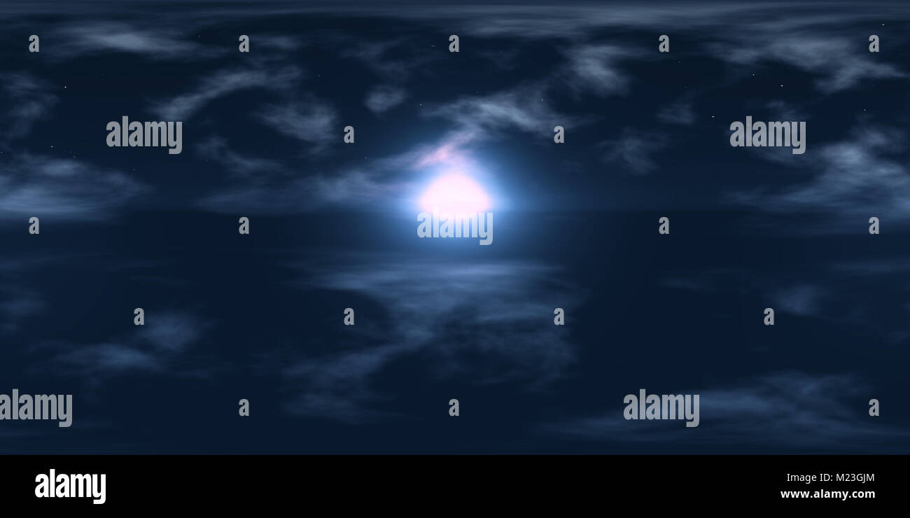 Alta risoluzione HDRI mappa: mappa di ambiente per proiezione equirettangolare presso sunrise, sferica panorama, 3d lo sfondo dell'illustrazione (nubi in un oscuro Foto Stock